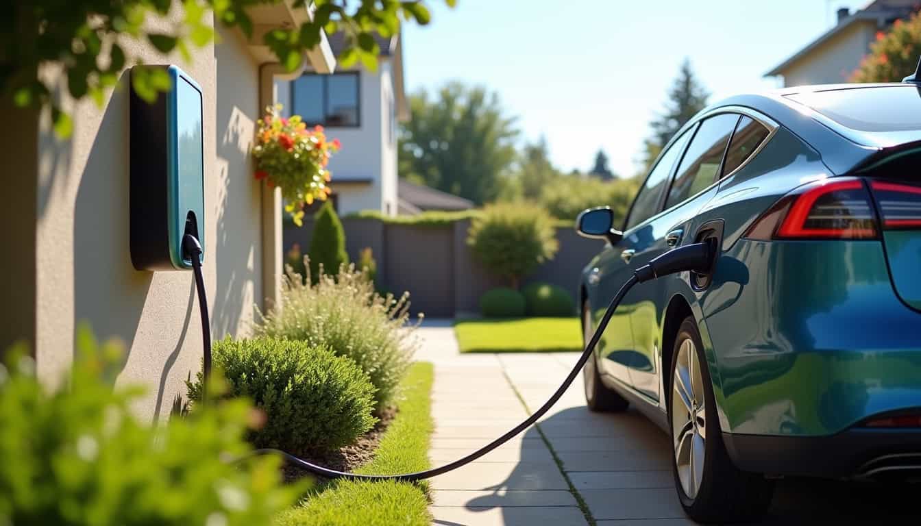 Borne de recharge électrique installée dans un jardin en journée, avec un véhicule électrique en cours de charge