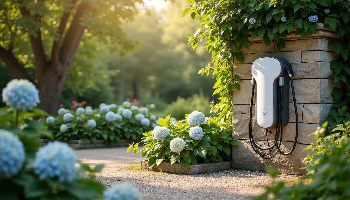 Borne de recharge électrique installée dans un jardin extérieur à Les Bréviaires