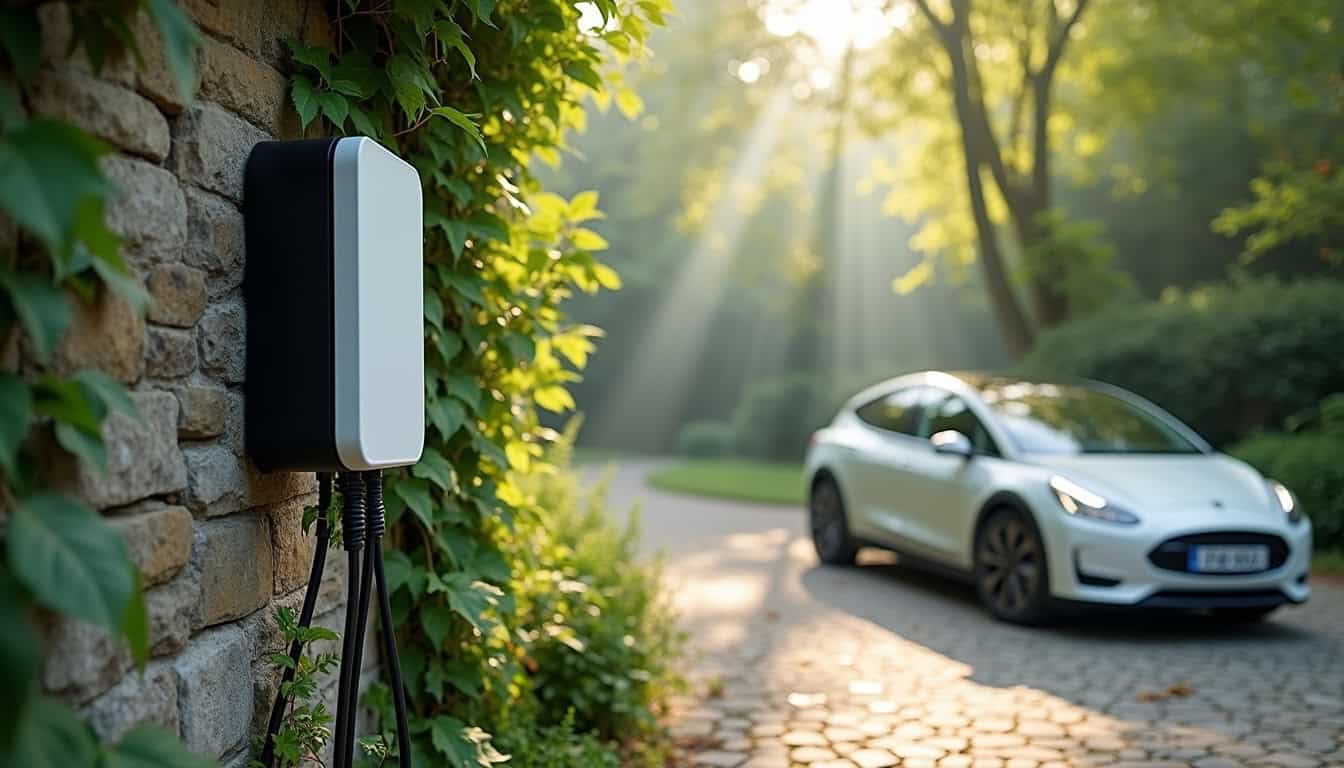 Borne de recharge électrique installée dans un jardin extérieur à Saint-Malo-de-Phily