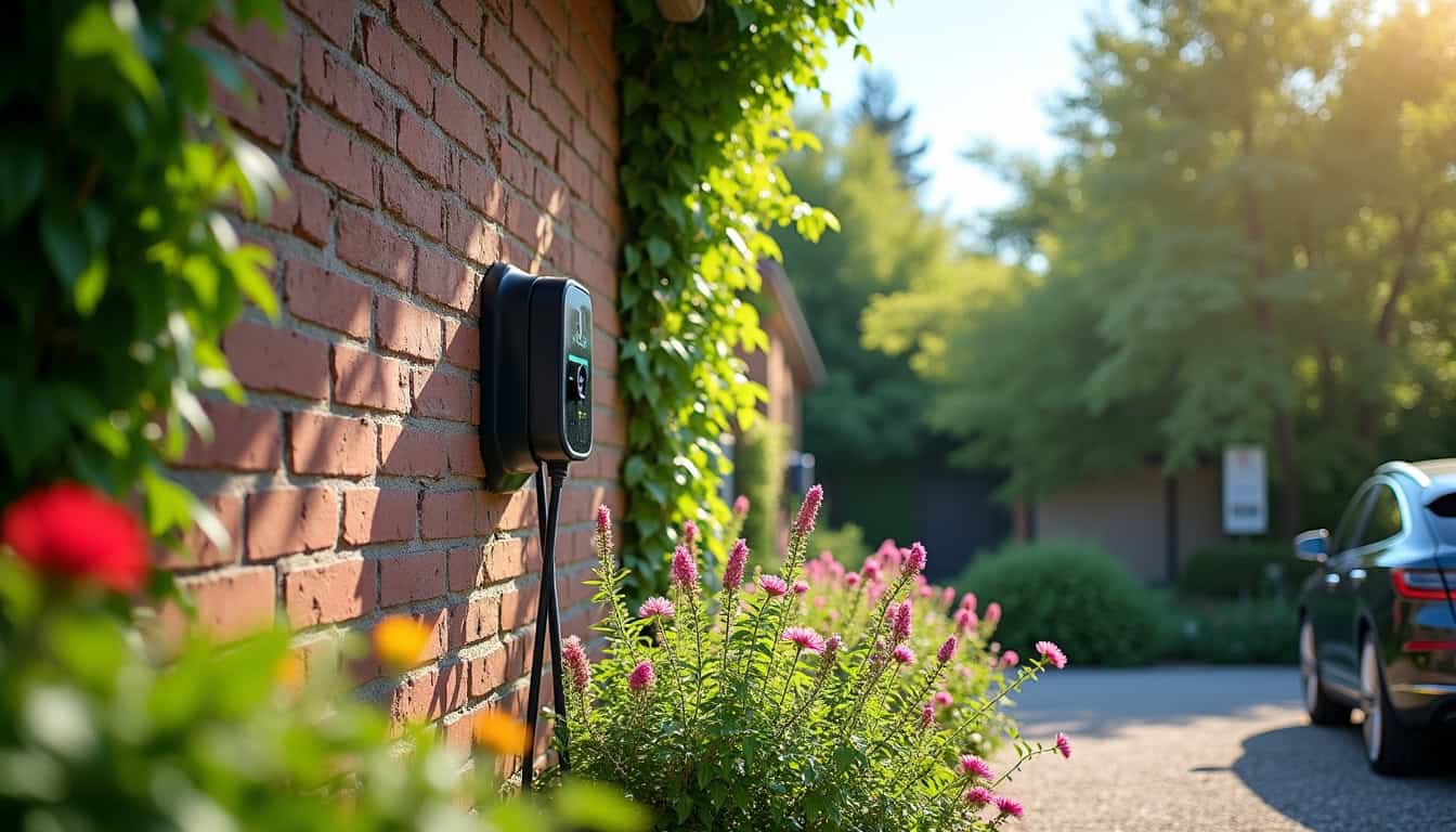Borne de recharge électrique installée dans un jardin extérieur, vue de jour