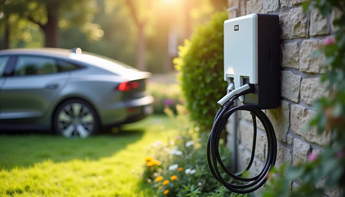 Borne de recharge électrique installée dans un jardin privé à Ennevelin