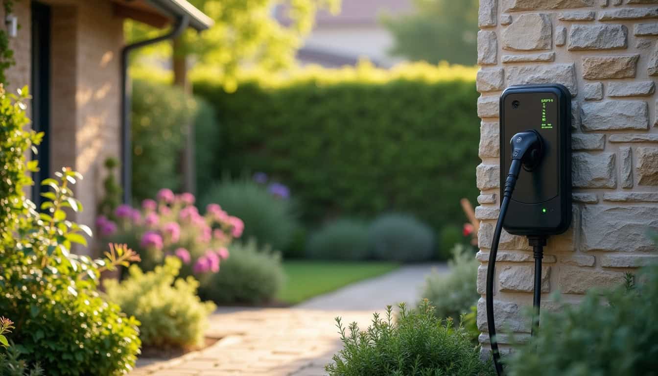 Borne de recharge électrique installée dans un jardin résidentiel à Giroussens