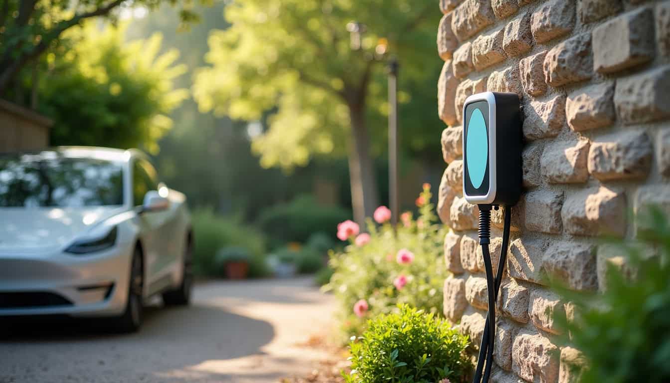 Borne de recharge électrique installée dans un jardin résidentiel à La Chartre-sur-le-Loir