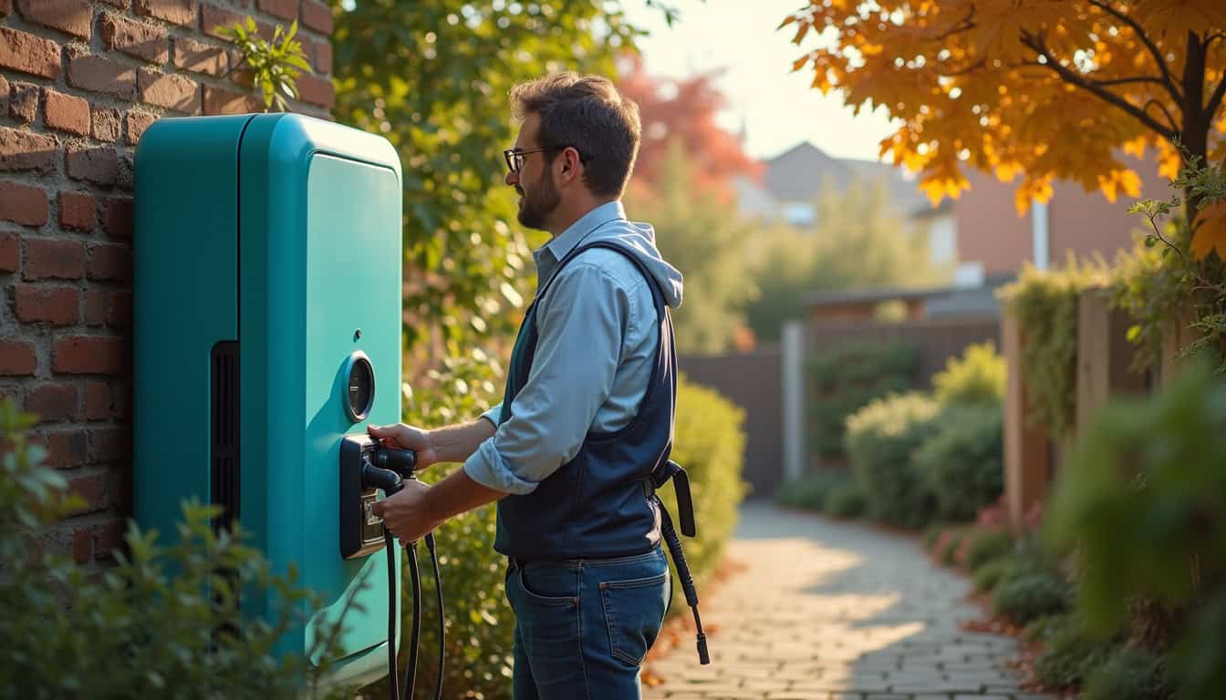 Borne de recharge électrique installée dans un jardin résidentiel à Listrac-Médoc