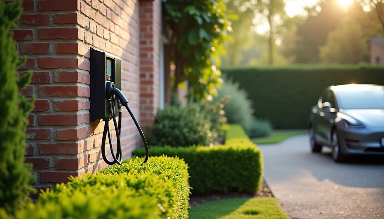 Borne de recharge électrique installée dans un jardin résidentiel à Saint-Jean-de-Losne