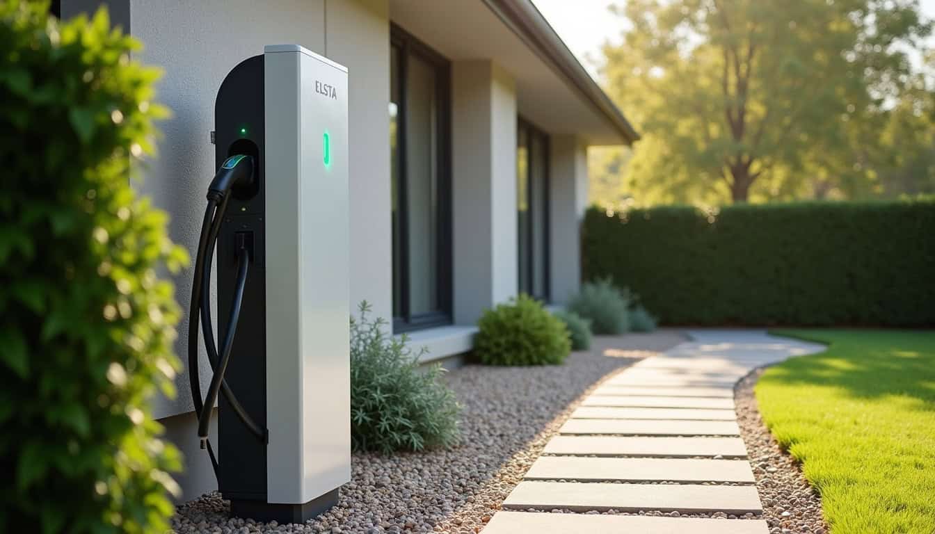 Borne de recharge électrique installée dans un jardin résidentiel à Saint-Magne