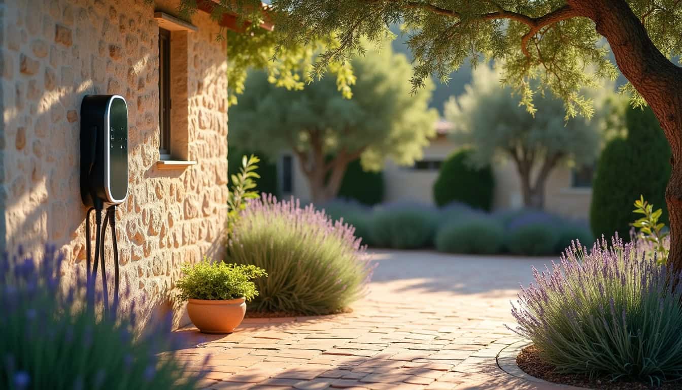 Borne de recharge électrique installée dans un jardin résidentiel à Vaison-la-Romaine