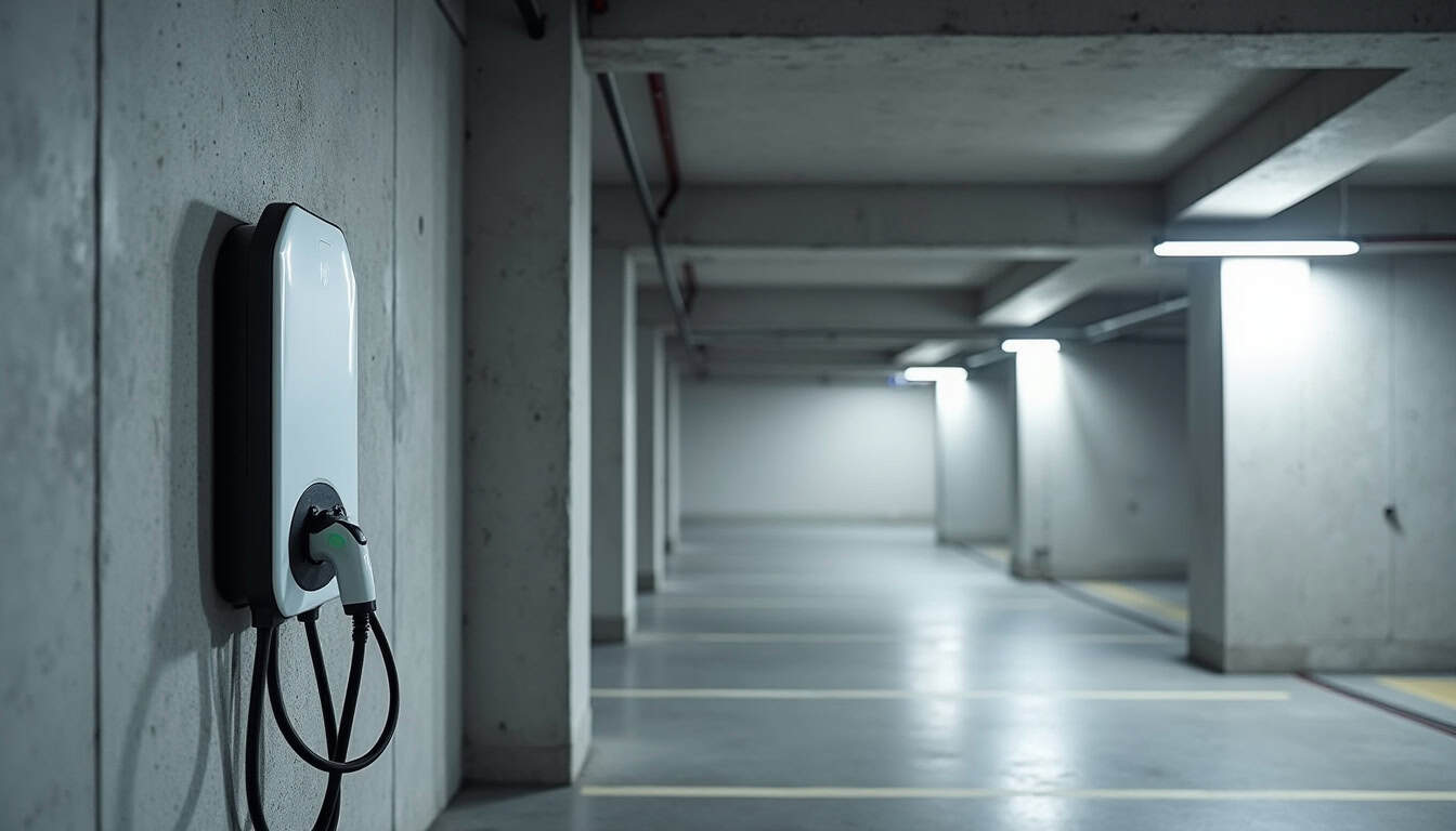 Borne de recharge électrique installée dans un parking collectif à L