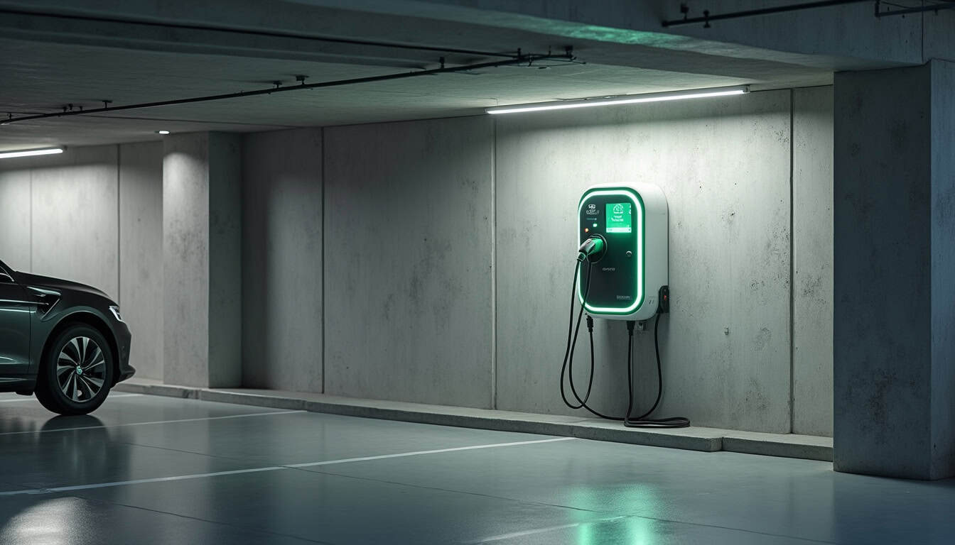 Borne de recharge électrique installée dans un parking collectif à Savigny-en-Revermont