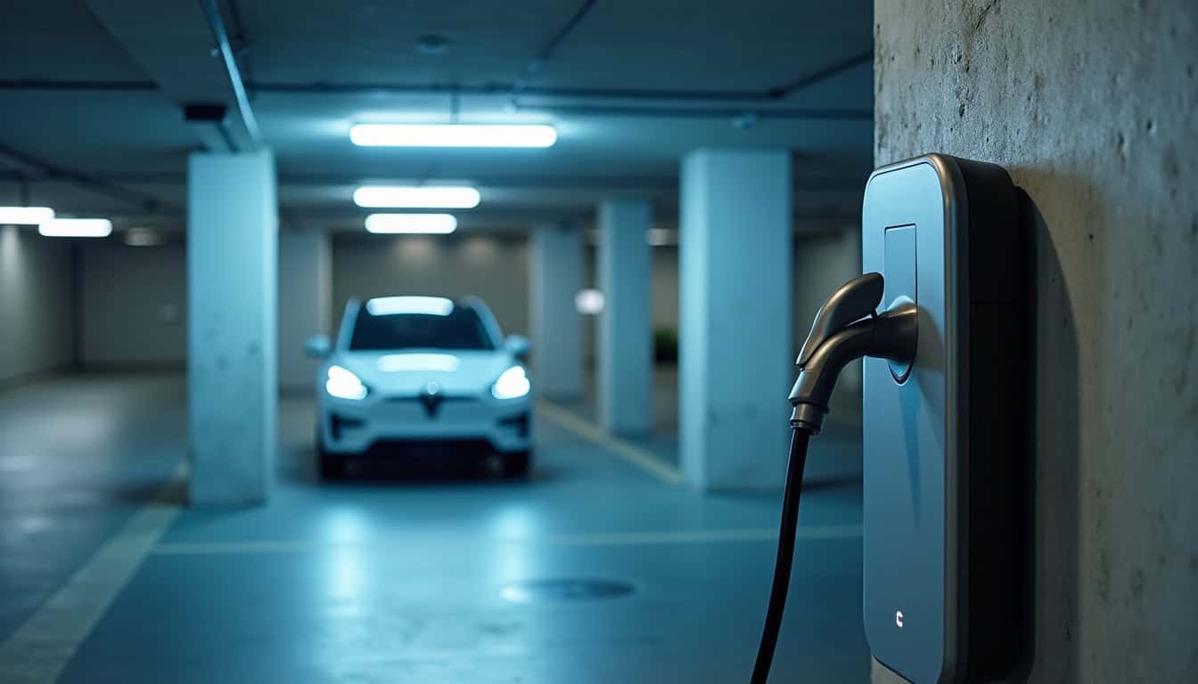 Borne de recharge électrique installée dans un parking communal à Aron