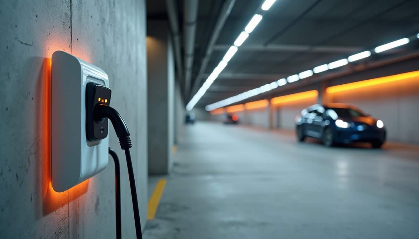 Borne de recharge électrique installée dans un parking d