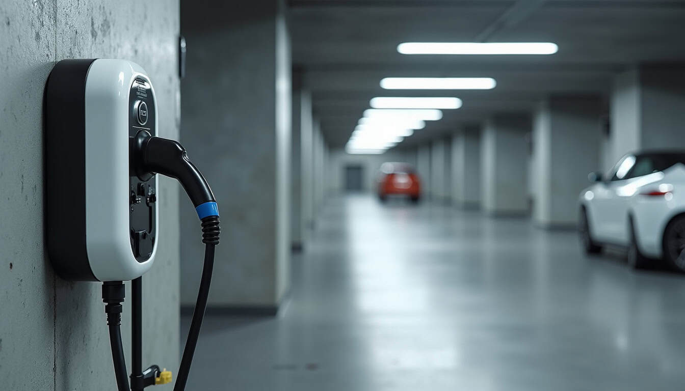 Borne de recharge électrique installée dans un parking de copropriété à Curgy