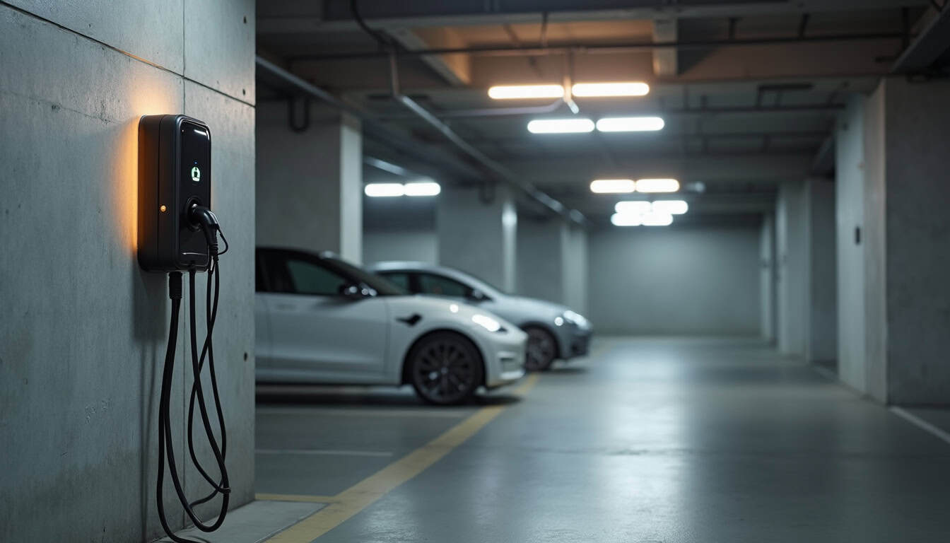 Borne de recharge électrique installée dans un parking de copropriété à Grillon