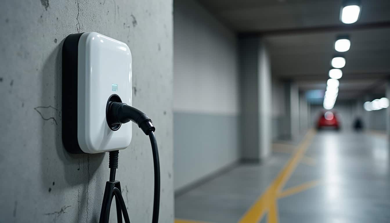 Borne de recharge électrique installée dans un parking de copropriété à Marquette-en-Ostrevant