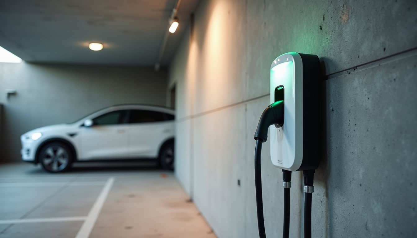 Borne de recharge électrique installée dans un parking de copropriété à Preuilly-sur-Claise