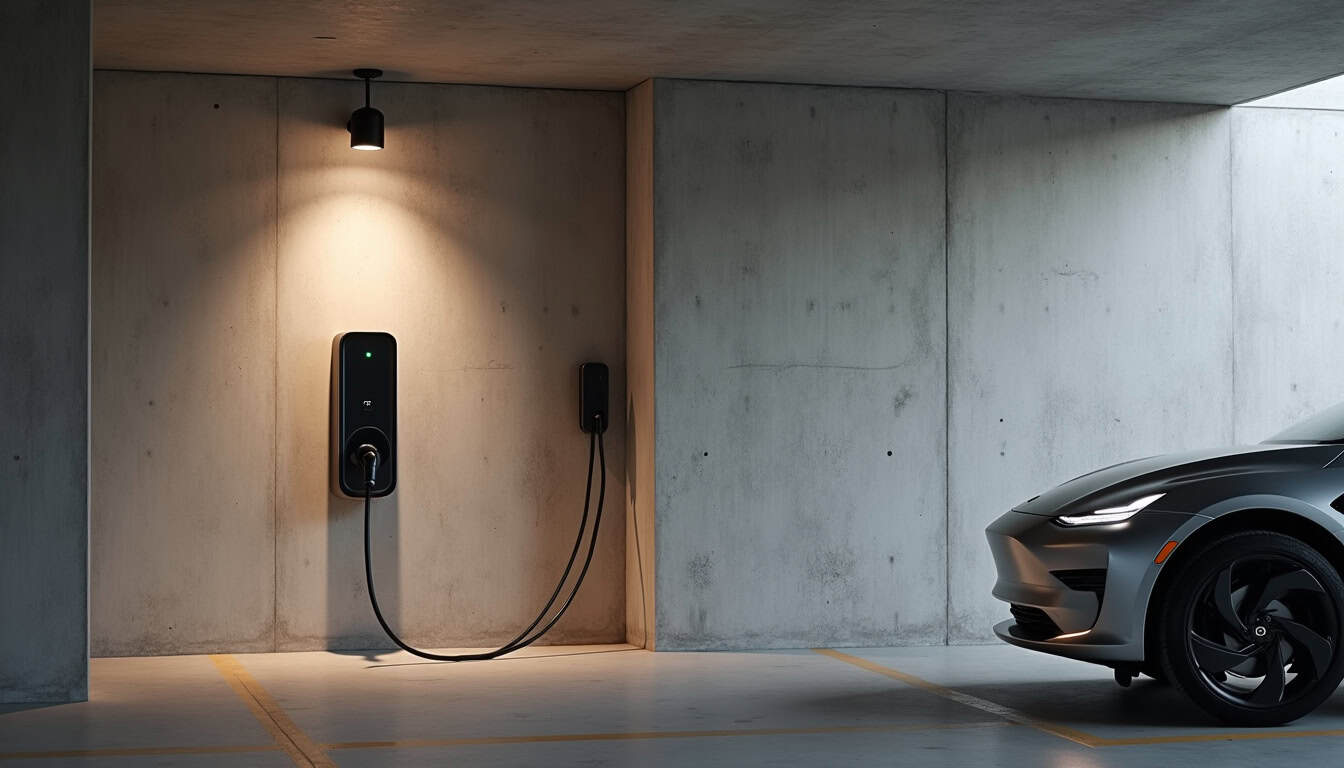 Borne de recharge électrique installée dans un parking de copropriété à Tarare
