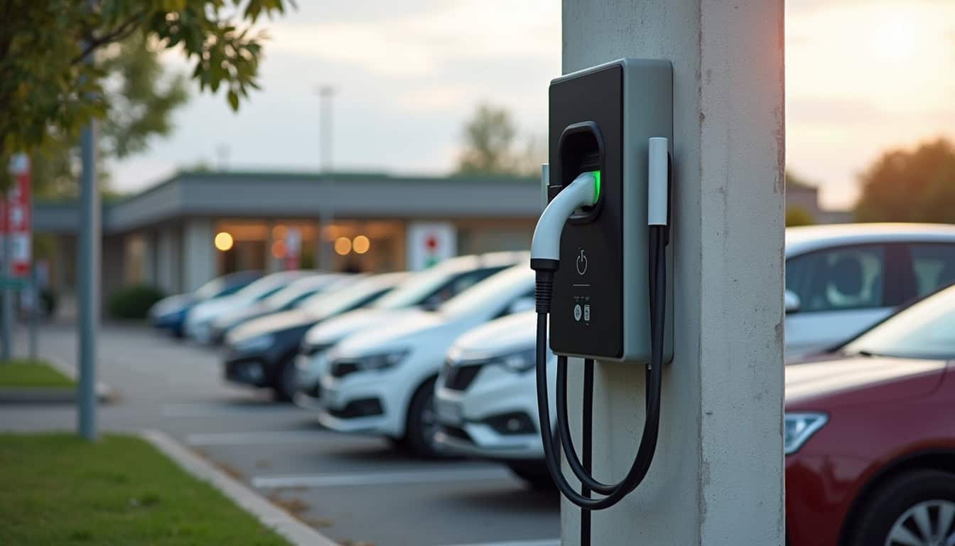 Borne de recharge électrique installée dans un parking de supermarché en zone urbaine