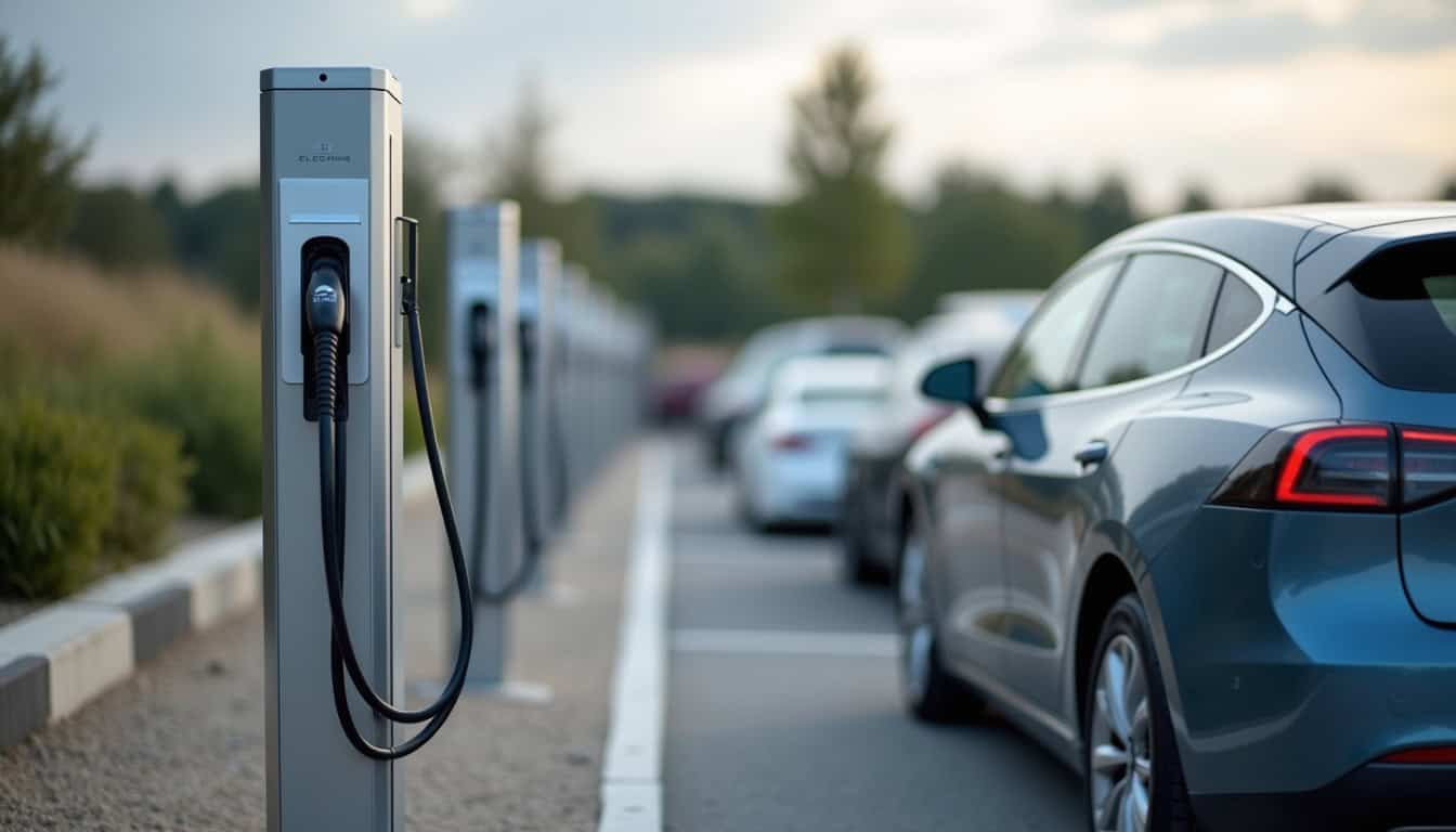 Borne de recharge électrique installée dans un parking d'entreprise à Aubenas, avec plusieurs véhicules électriques en charge