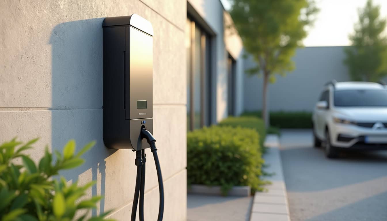 Borne de recharge électrique installée dans un parking d'entreprise à Blanquefort