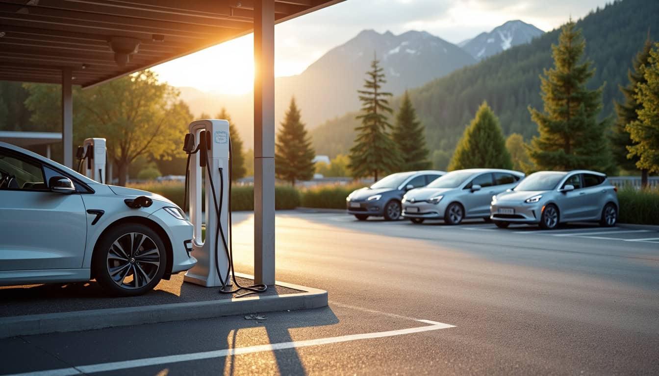 Borne de recharge électrique installée dans un parking d’entreprise à Gérardmer, avec plusieurs véhicules électriques en charge