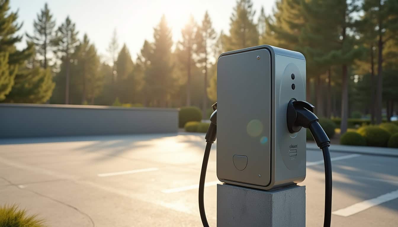 Borne de recharge électrique installée dans un parking d'entreprise à Lacanau, en plein air