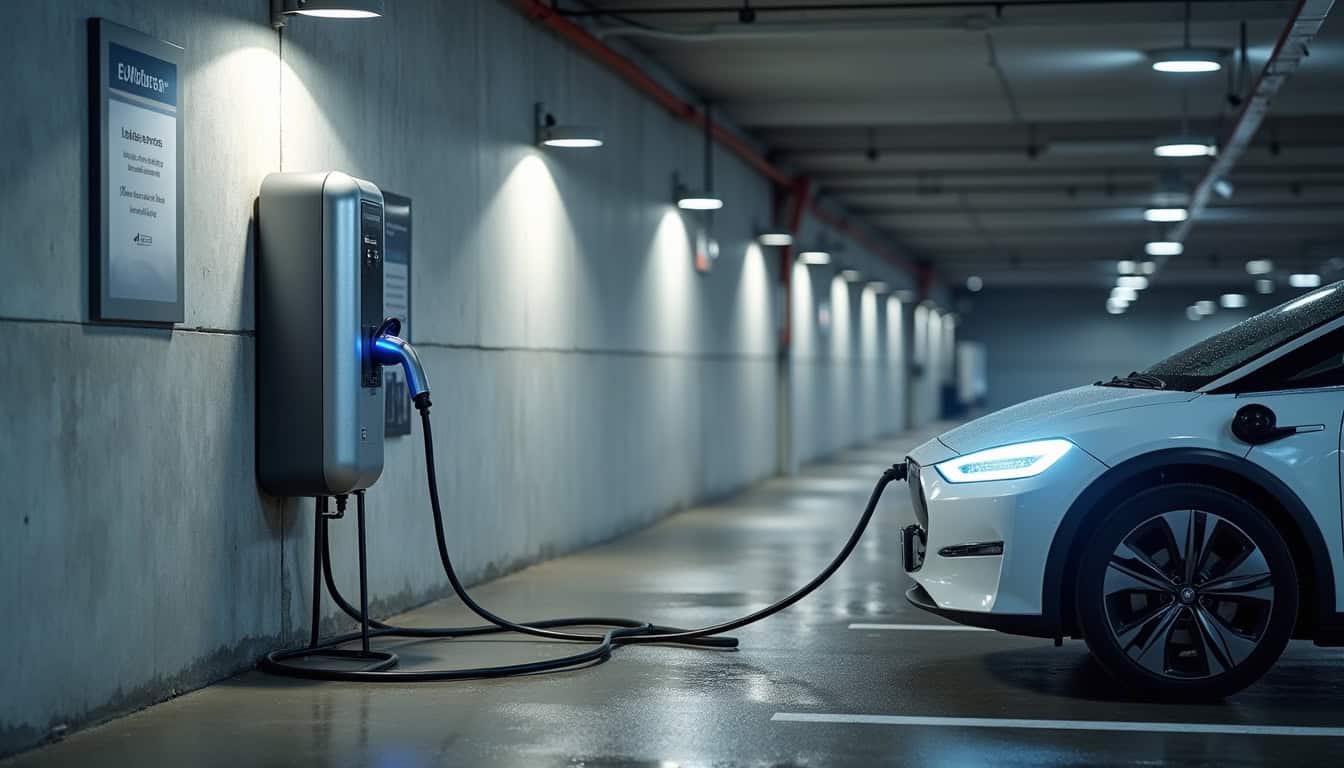 Borne de recharge électrique installée dans un parking d'entreprise à Le Temple-sur-Lot