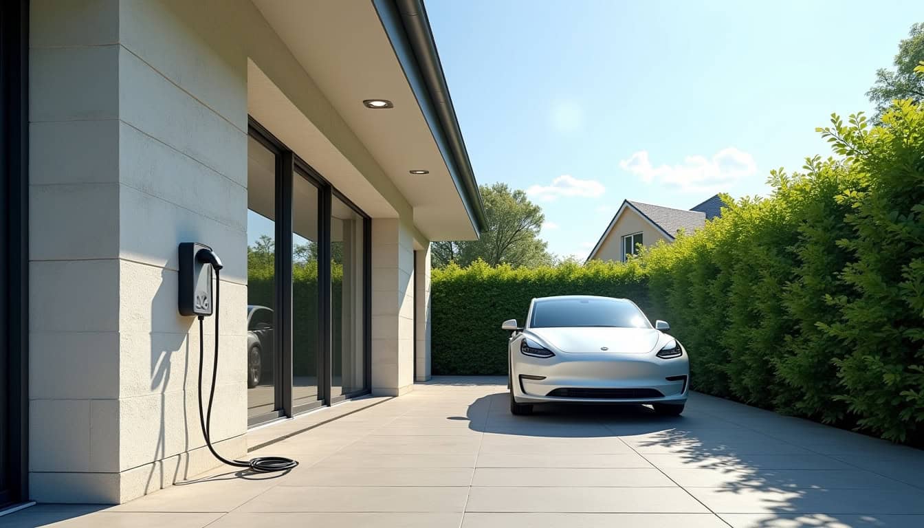 Borne de recharge électrique installée dans une allée résidentielle à Morestel, en journée