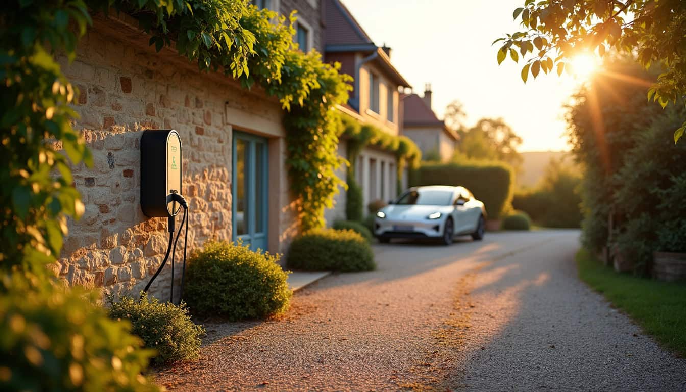 Borne de recharge électrique installée dans une cour de maison à Cesny-les-Sources