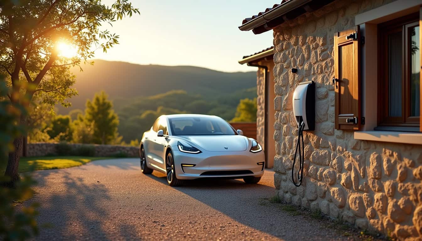 Borne de recharge électrique installée dans une maison à Souraïde, avec une voiture électrique en cours de recharge