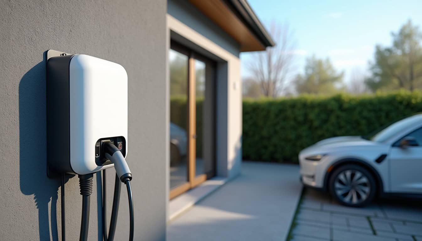 Borne de recharge électrique installée dans une maison individuelle à Villeron, vue de jour
