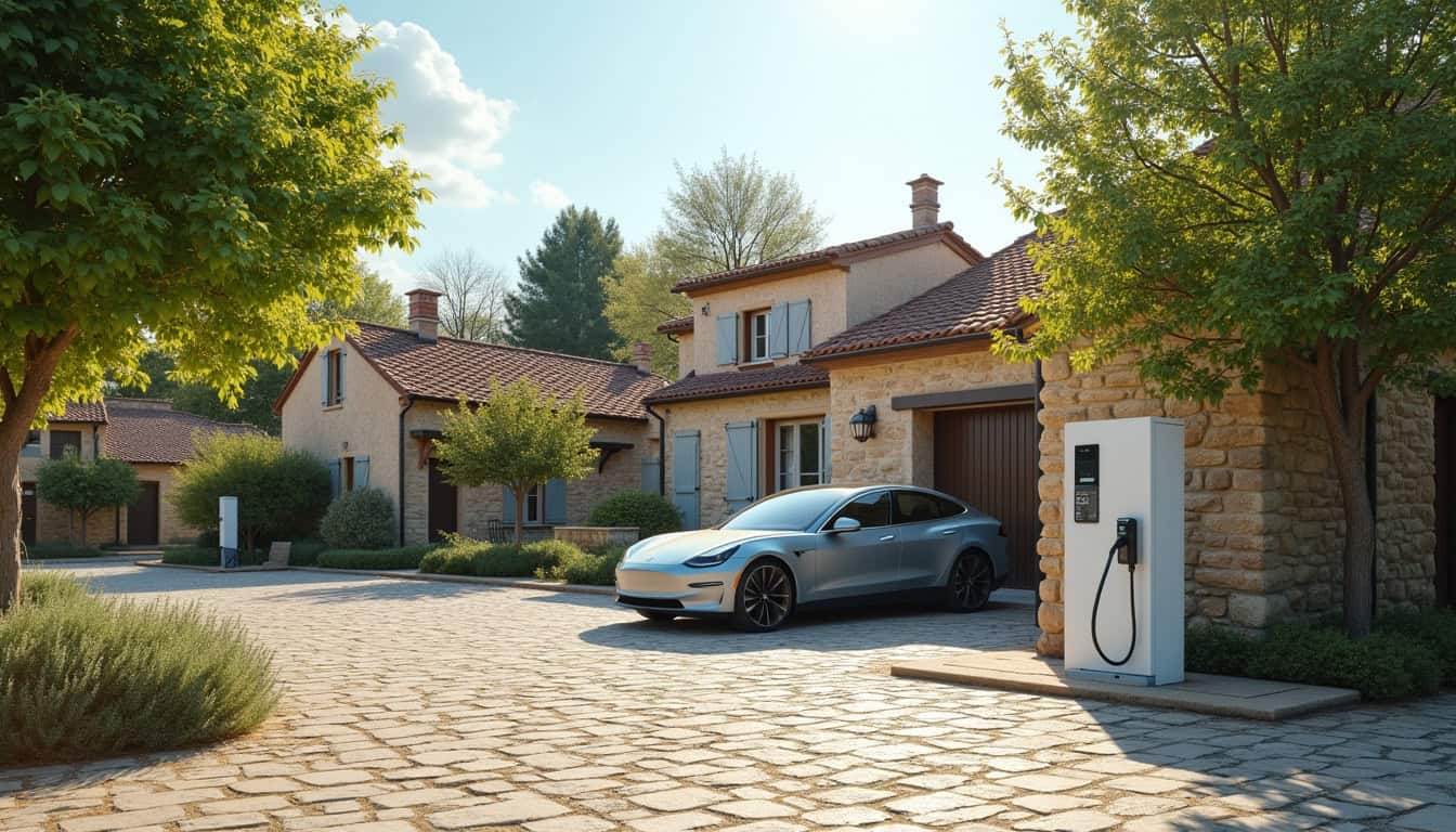 Borne de recharge électrique installée dans une petite commune rurale, vue de jour