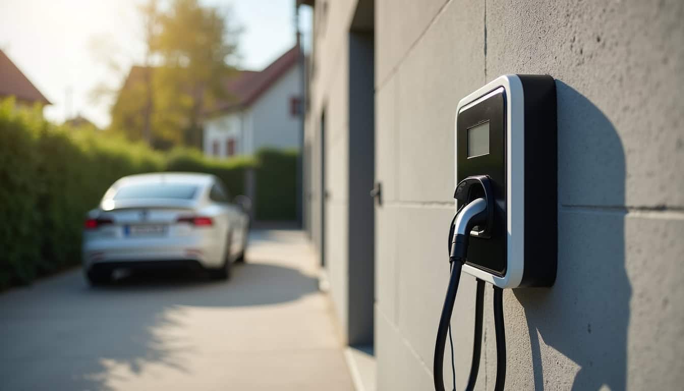 Borne de recharge électrique installée dans une résidence à Guern, montrant une wallbox fixée au mur avec câbles connectés