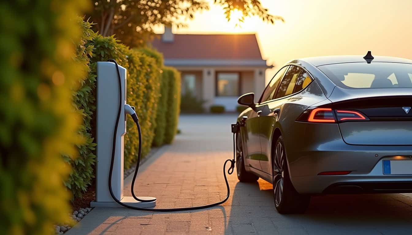Borne de recharge électrique installée dans une résidence à Vaux-sur-Mer, avec un véhicule en cours de chargement