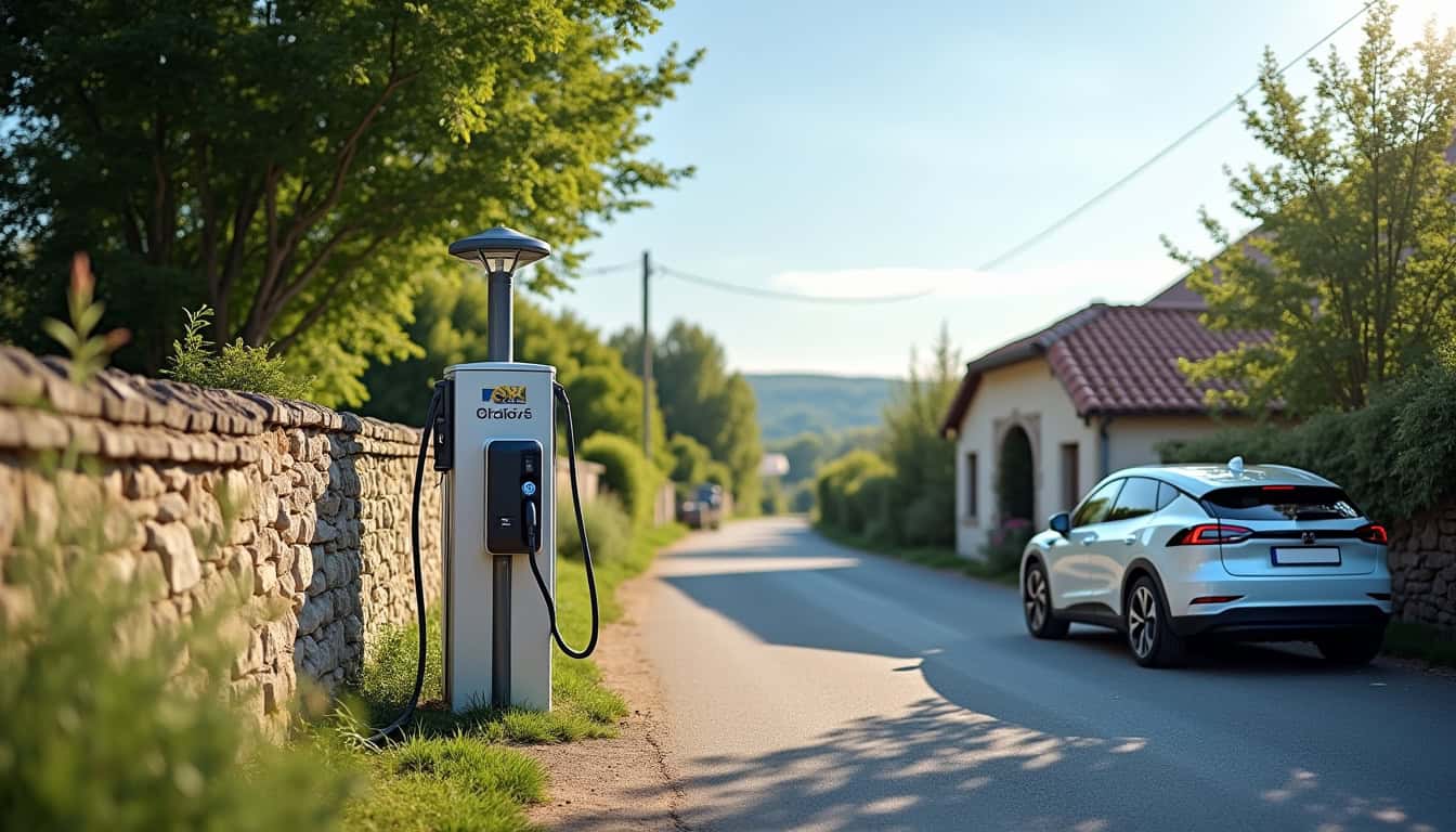 Borne de recharge électrique installée dans une rue de Pamproux, proche d'un bâtiment municipal