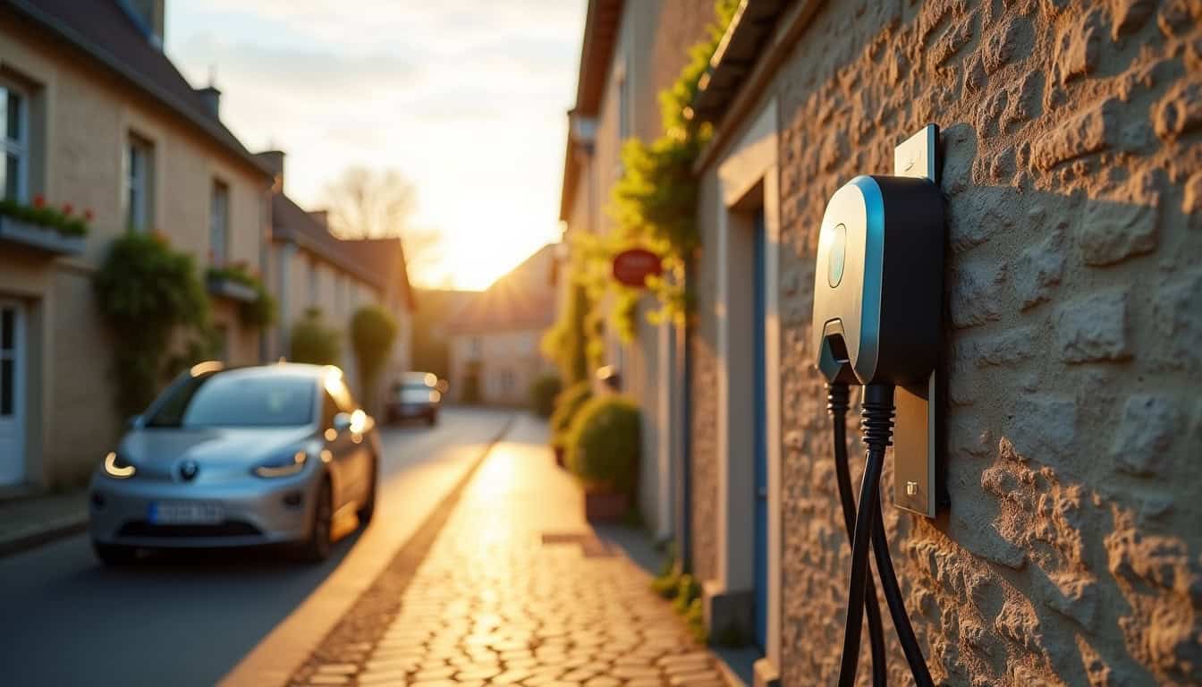 Borne de recharge électrique installée dans une rue de Souleuvre-en-Bocage, avec un véhicule en cours de recharge