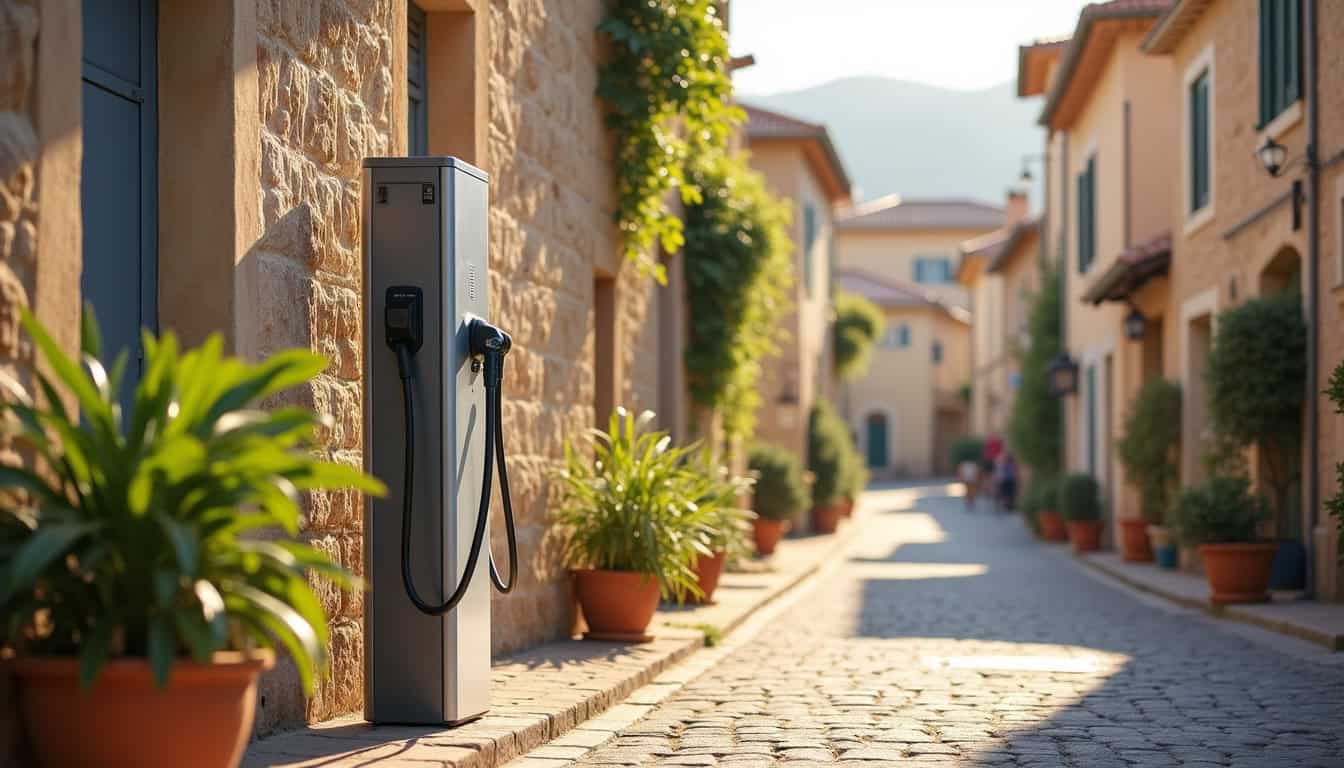 Borne de recharge électrique installée dans une rue du Gard, entourée de bâtiments traditionnels