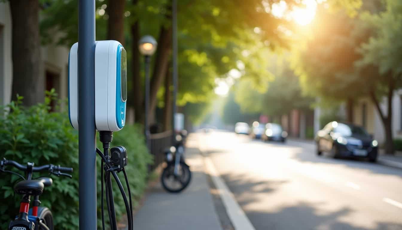 Borne de recharge électrique installée dans une rue résidentielle de Fenouillet, en journée