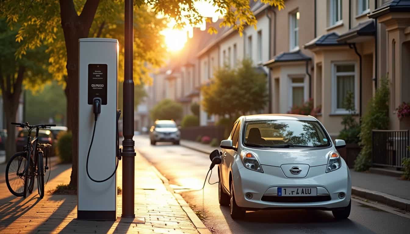 Borne de recharge électrique installée dans une rue résidentielle de Malville
