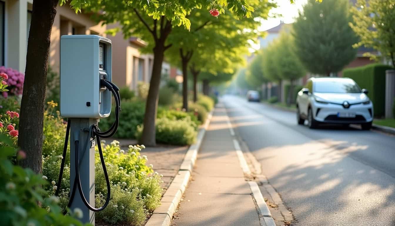 Borne de recharge électrique installée dans une rue résidentielle de Saint-Aubin-sur-scie, entourée de maisons individuelles et d'espaces verts