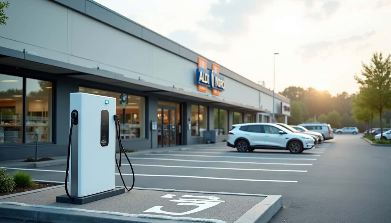 Borne de recharge électrique installée devant le magasin ALDI Nord à Montbron