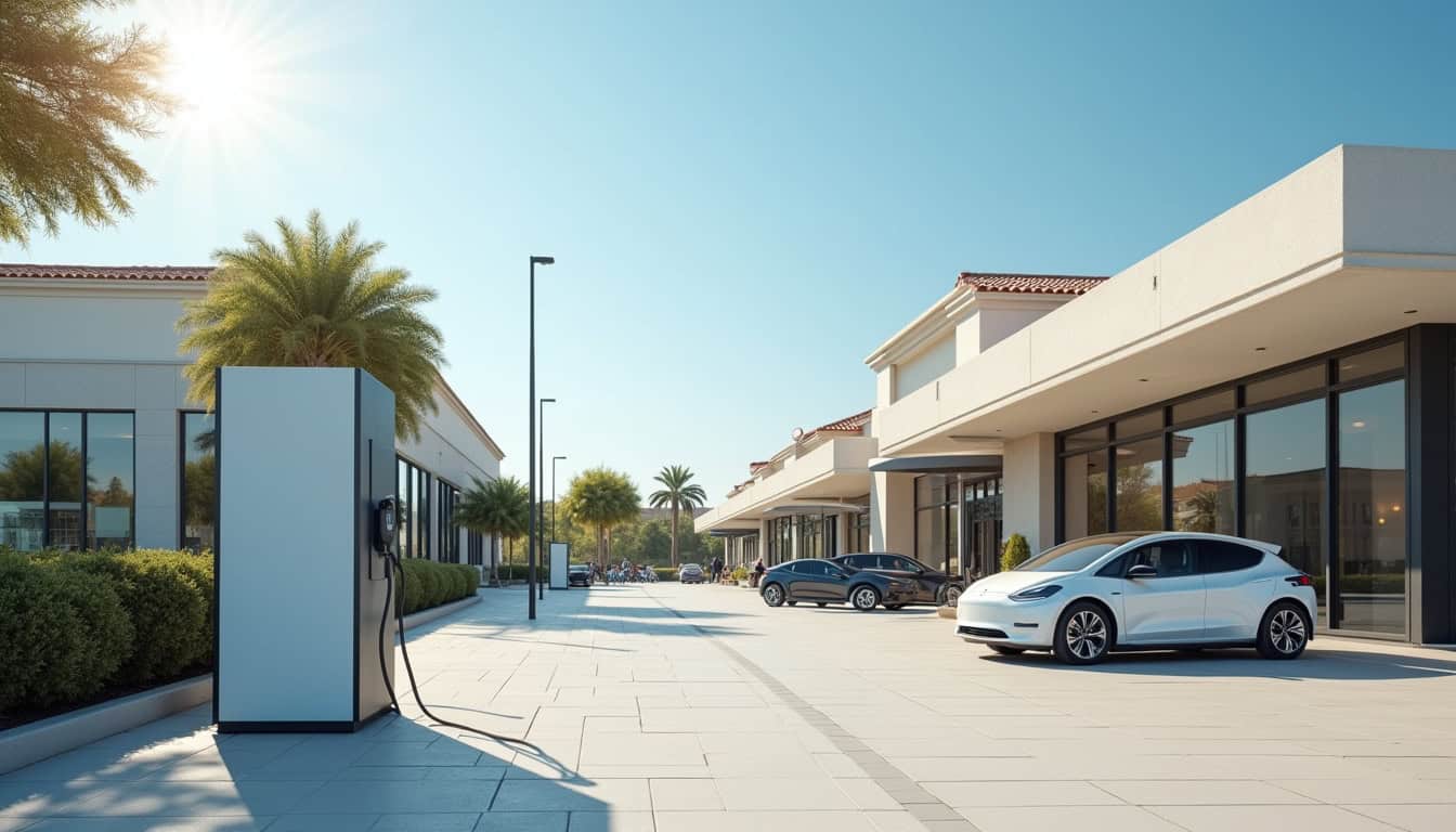 Borne de recharge électrique installée devant un centre commercial à Olivet