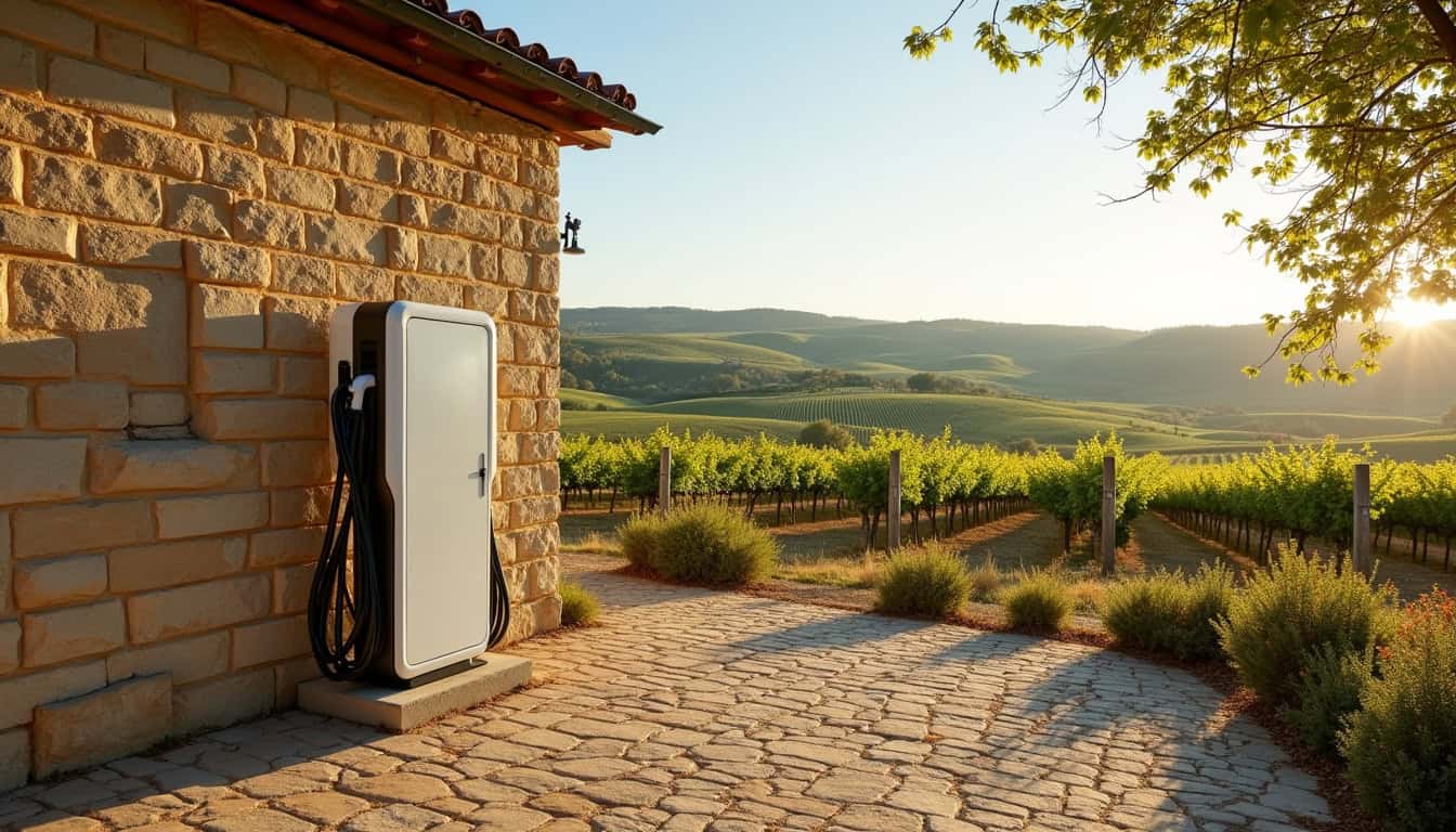 Borne de recharge électrique installée devant un château viticole à Saint-Émilion, entourée de vignes