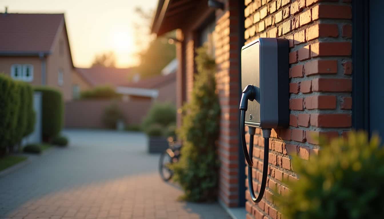 Borne de recharge électrique installée devant un garage à Charleville-Mézières