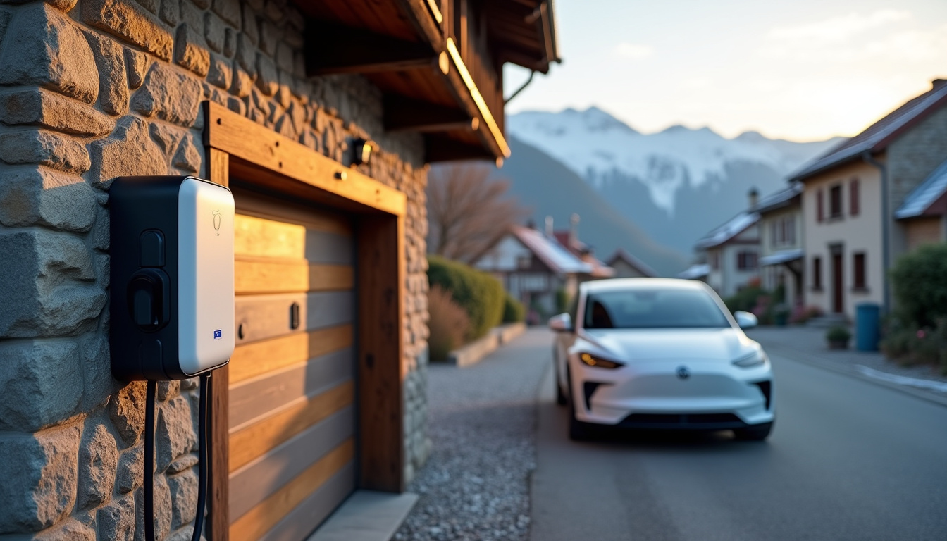 Borne de recharge électrique installée devant un garage à Giromagny