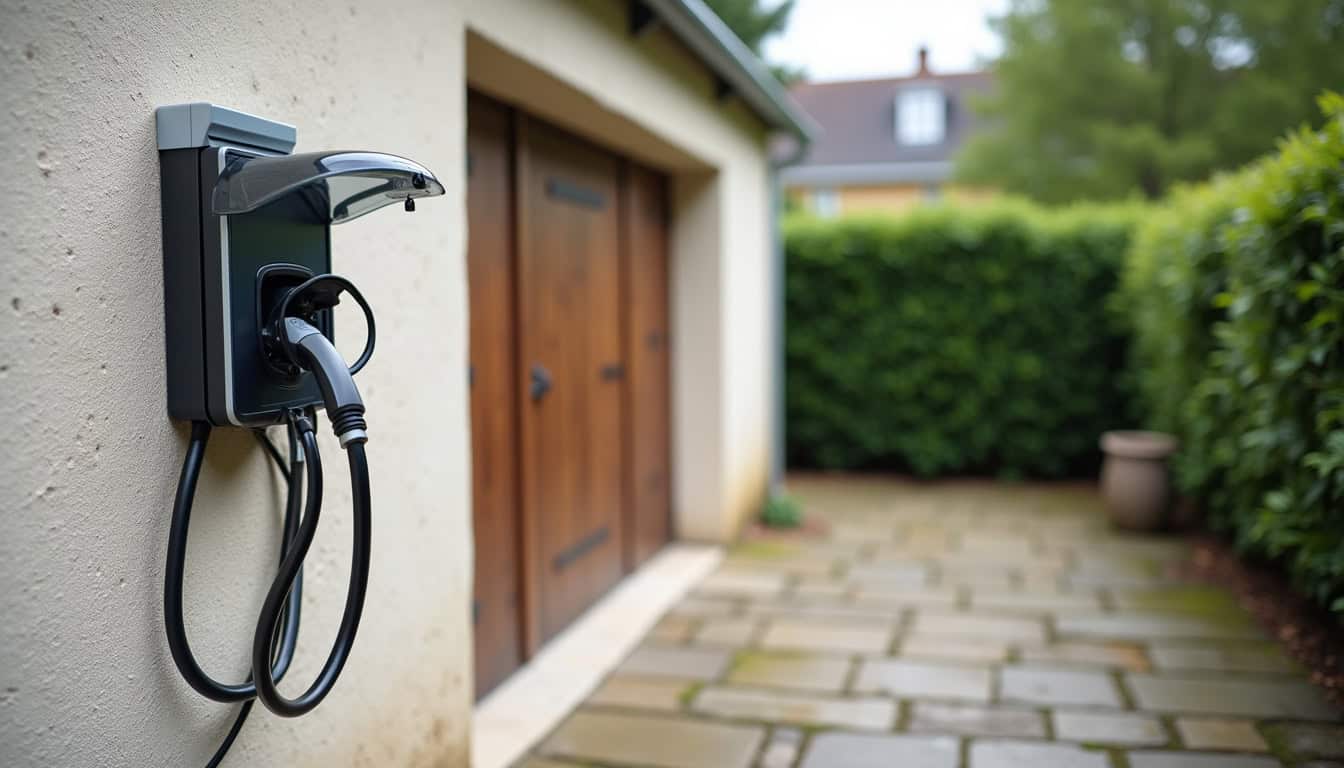 Borne de recharge électrique installée devant un garage à Lannilis, en extérieur, protégée des intempéries