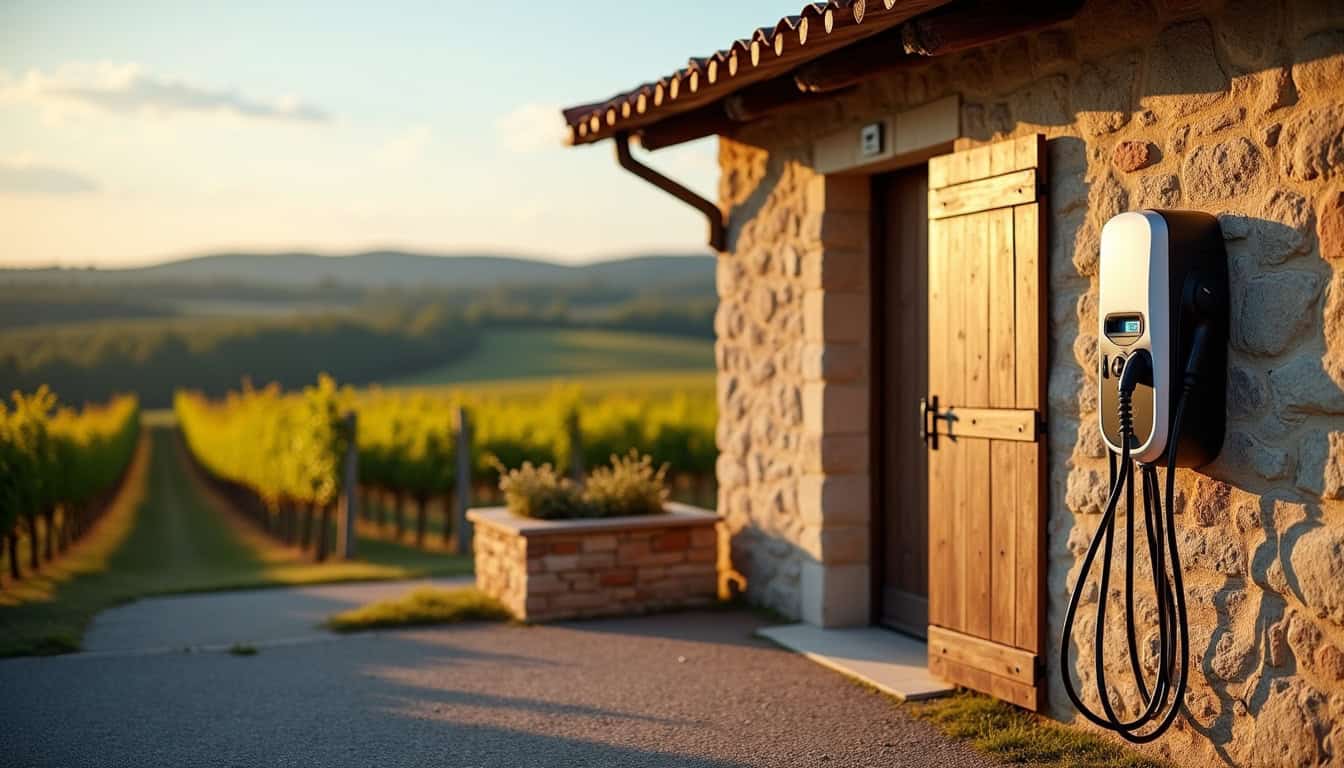 Borne de recharge électrique installée devant un garage à Roullet-Saint-Estèphe