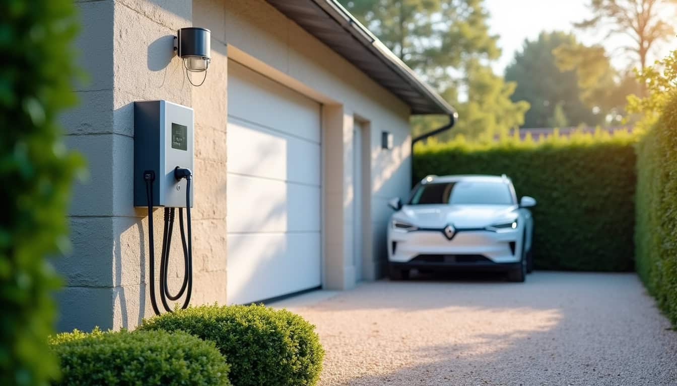 Borne de recharge électrique installée devant un garage en journée
