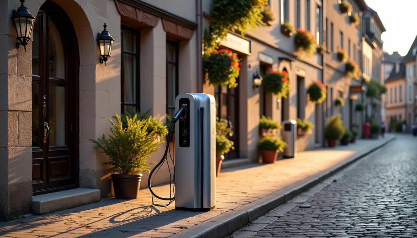 Borne de recharge électrique installée devant un hôtel à Riquewihr, rue de la Couronne