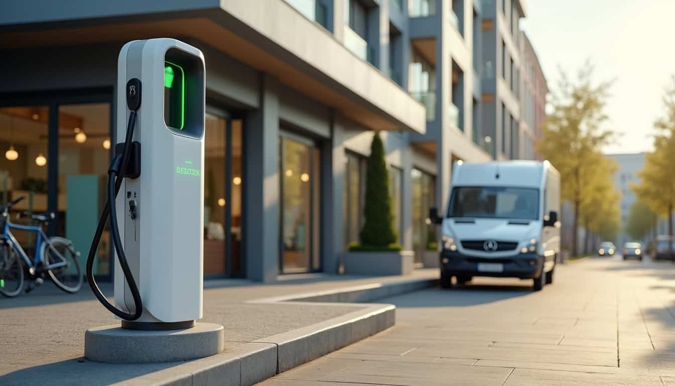 Borne de recharge électrique installée devant un local commercial à Chanteau