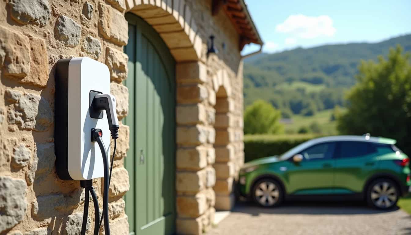 Borne de recharge électrique installée devant une maison à Arette, en journée